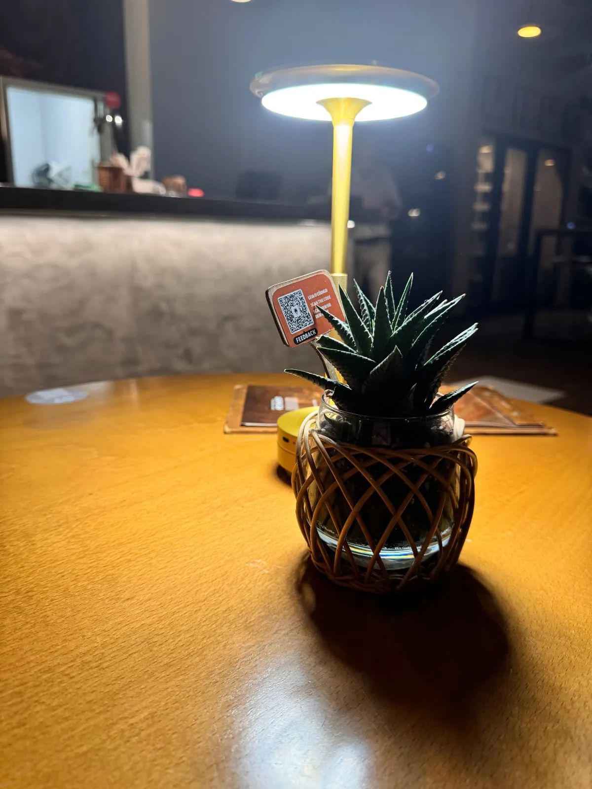 Table lamp and small potted succulent with a feedback QR code on a wooden table at Capoeira Lounge
