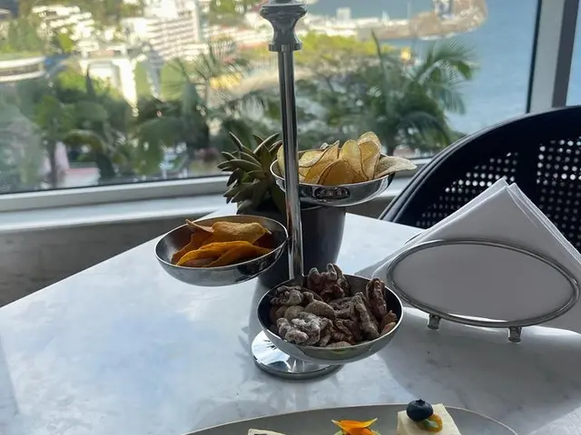 Champagne bar canapes, crisps and candied nuts with a panoramic view over Funchal Bay from Belmond Reids Palace Champagne Bar, Madeira