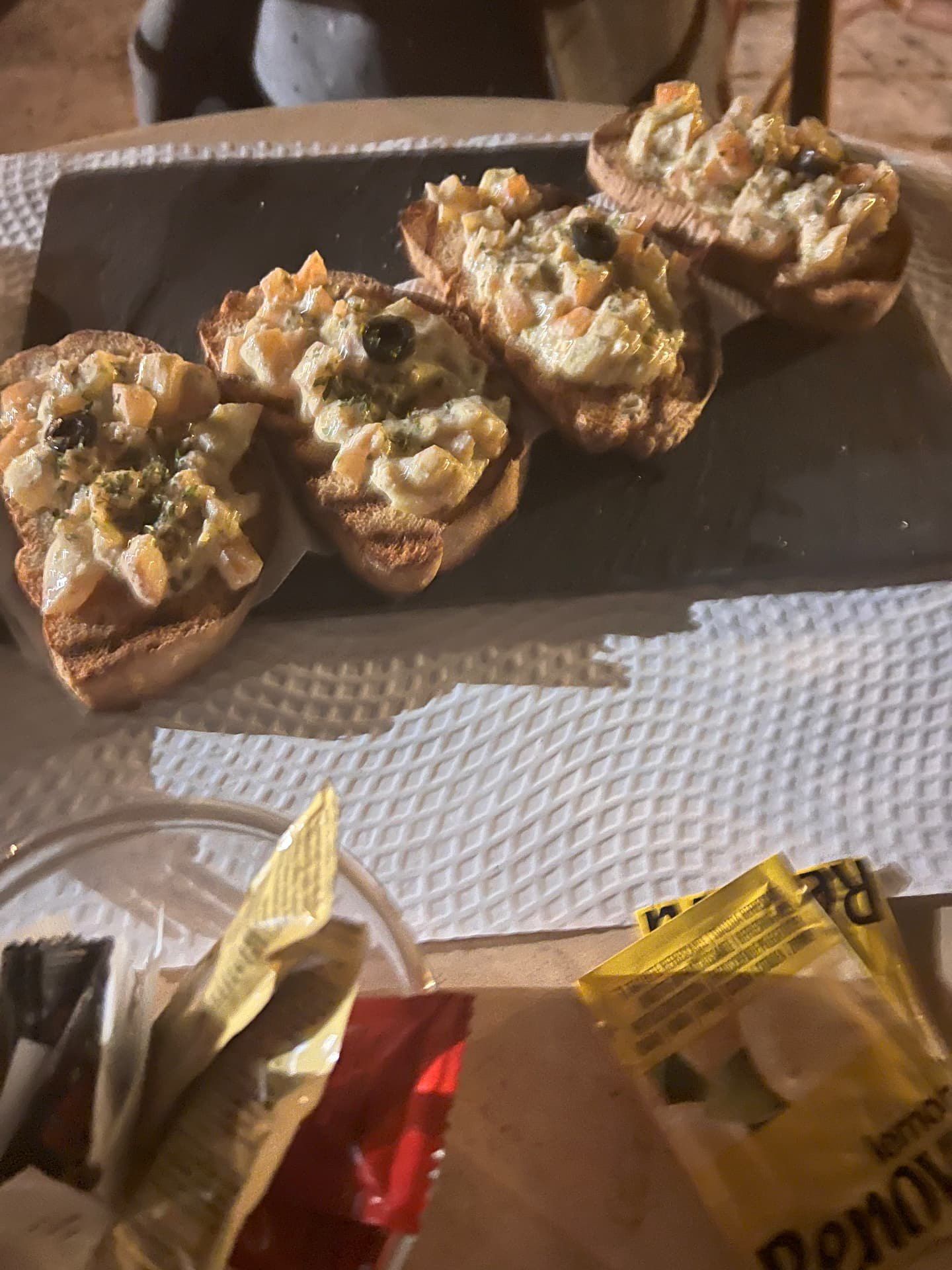 Bruschetta starter topped with prawns and olives at the Casa de Chá, Quinta do Arco rose garden, Santana, Madeira