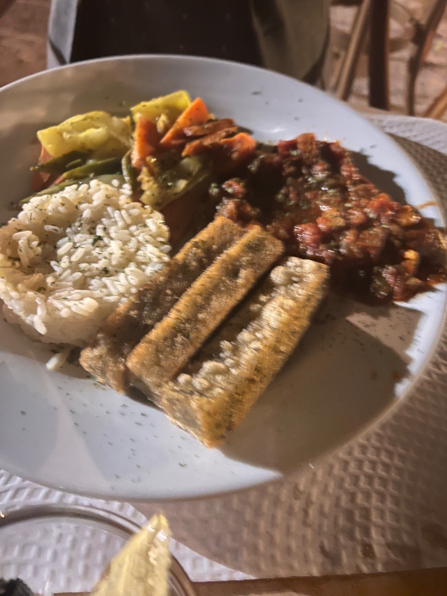 Grilled fish fillets with rice, vegetables and tomato salsa at the Casa de Chá, Quinta do Arco rose garden, Santana, Madeira