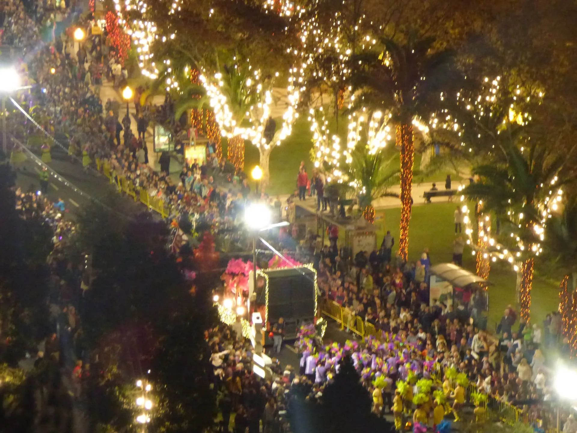 Madeira Carnival parade seen from above, passing the fairy-lit trees of Funchal's city gardens with dancers in purple and yellow feathers