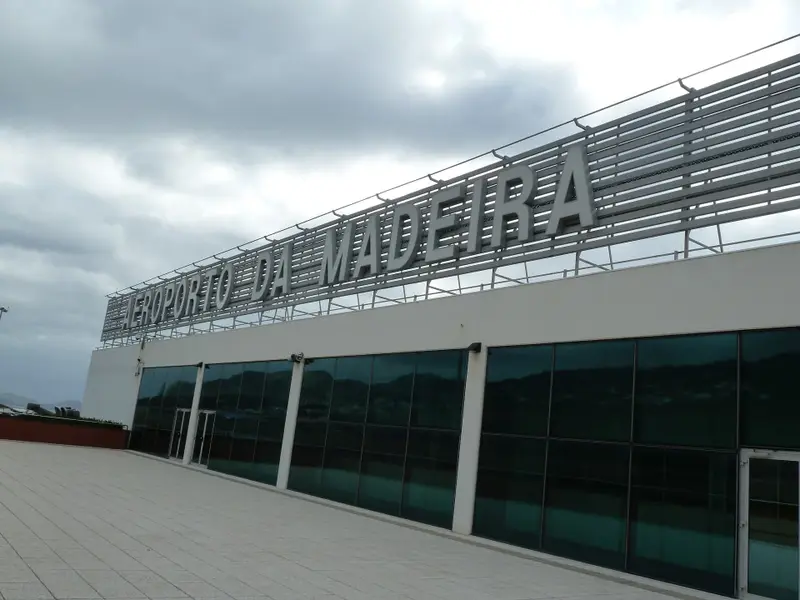 Aeroporto da Madeira terminal sign at Madeira's Cristiano Ronaldo airport in Santa Cruz.