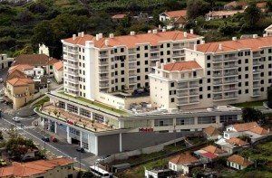 Aerial view of the shopping centre and apartment blocks in Caniço.