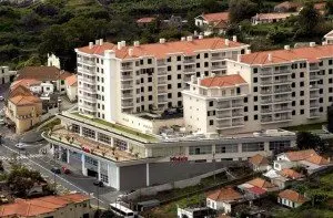 Aerial view of the shopping centre and apartment blocks in Caniço.