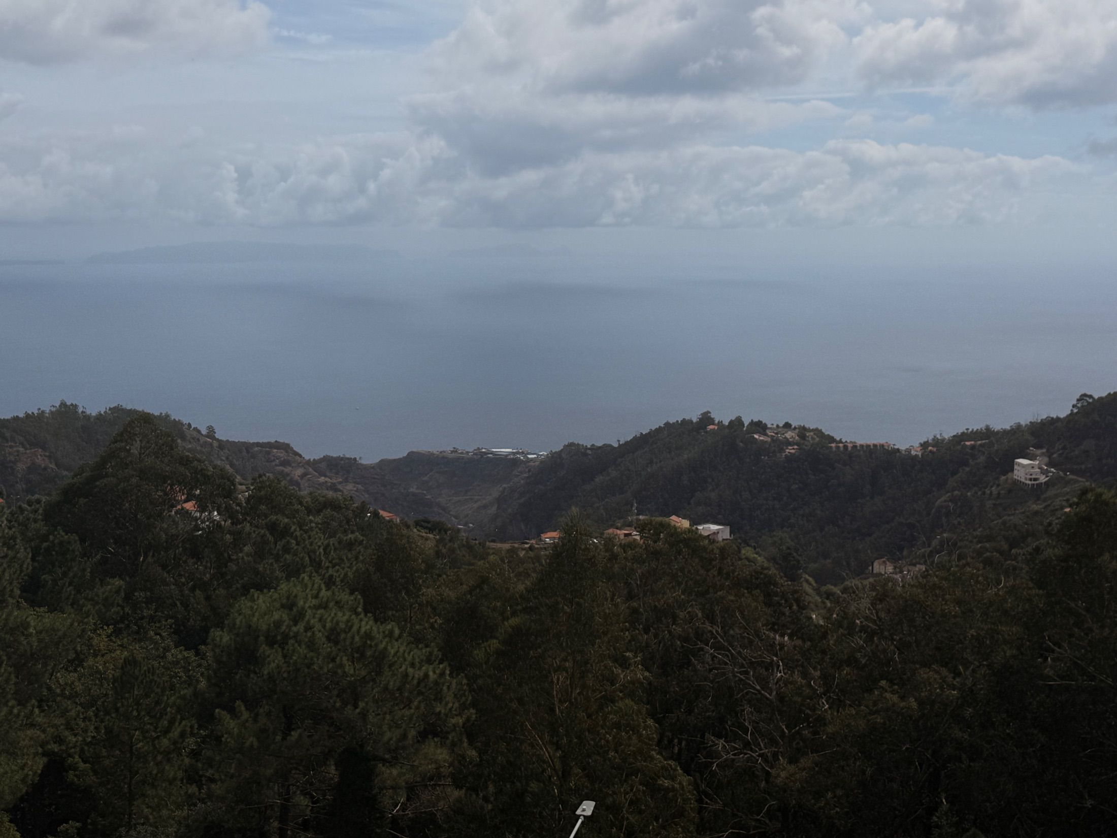 Camacha Vista - Encostas arborizadas com casas dispersas sobre o mar, sob um céu nublado