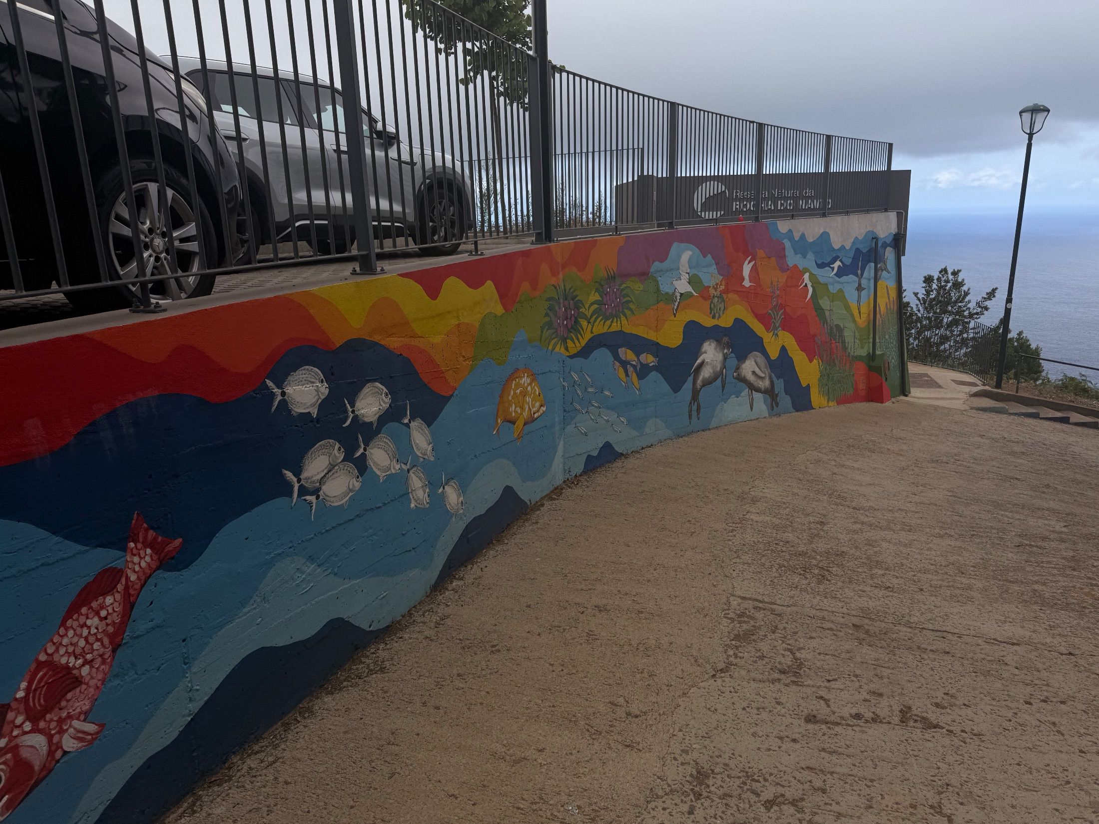 Wildlife mural beside a sloping concrete path overlooking the sea