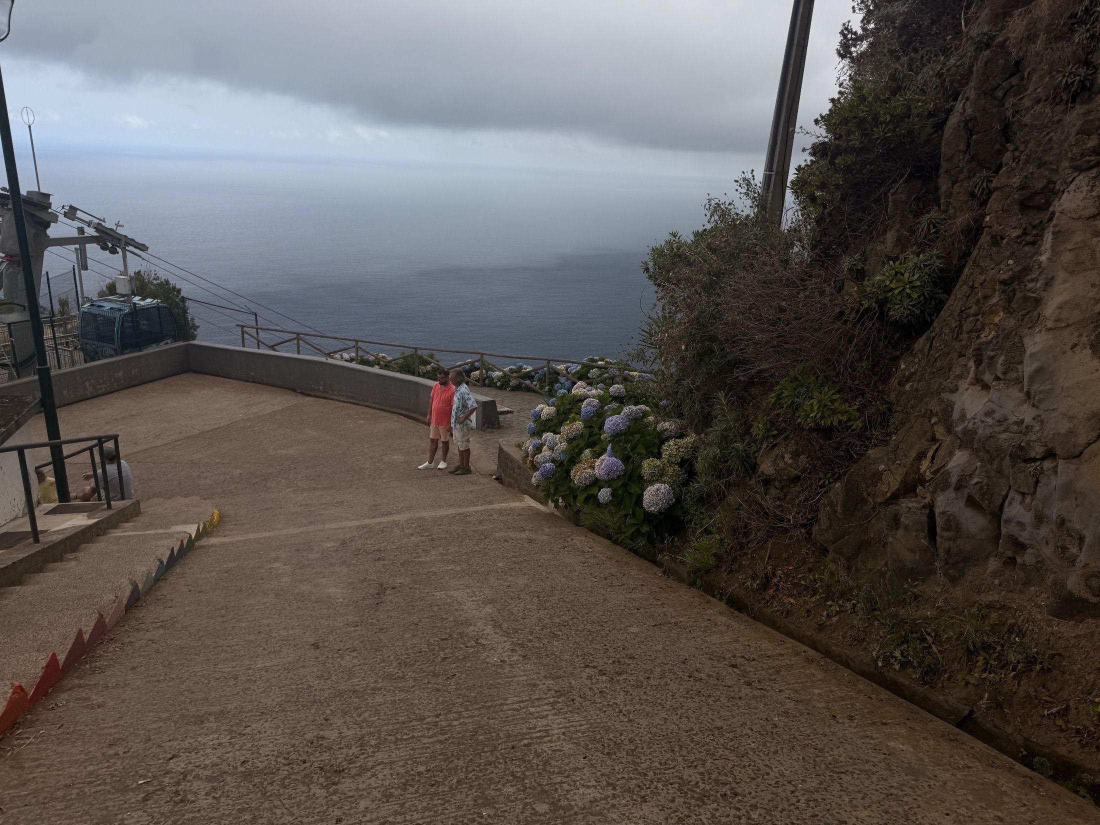 Sloping concrete path beside hydrangeas and a cable car overlooking the sea