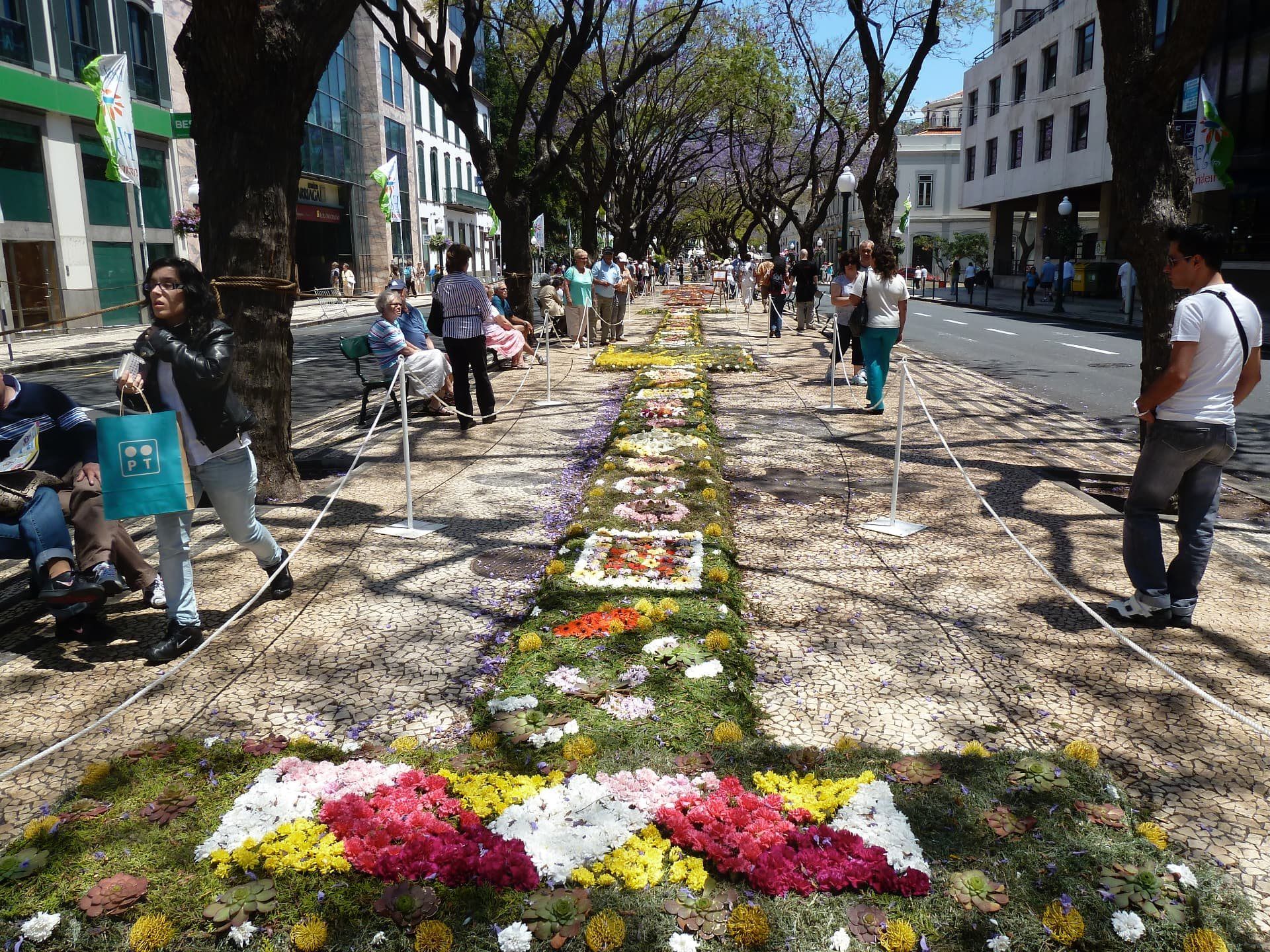 Flower mosaics and crowds lining a Funchal street during the Madeira Flower Festival.
