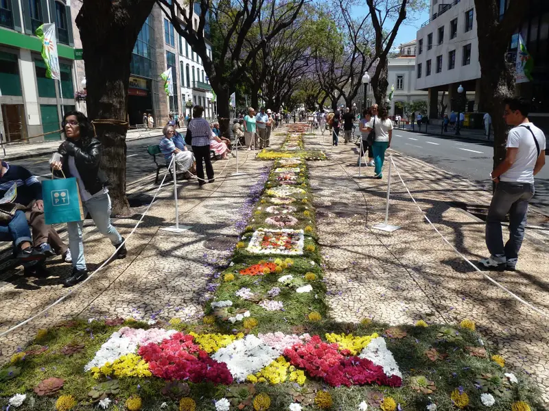 Flower mosaics and crowds lining a Funchal street during the Madeira Flower Festival.