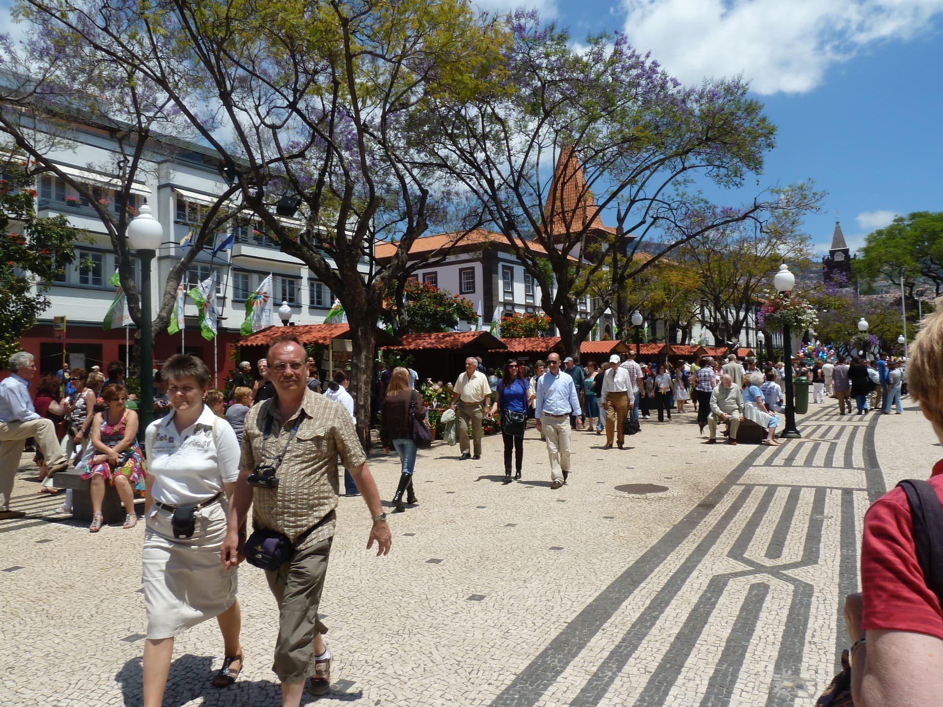 Crowded tree-lined pedestrian avenue with flower stalls during the Madeira Flower Festival.