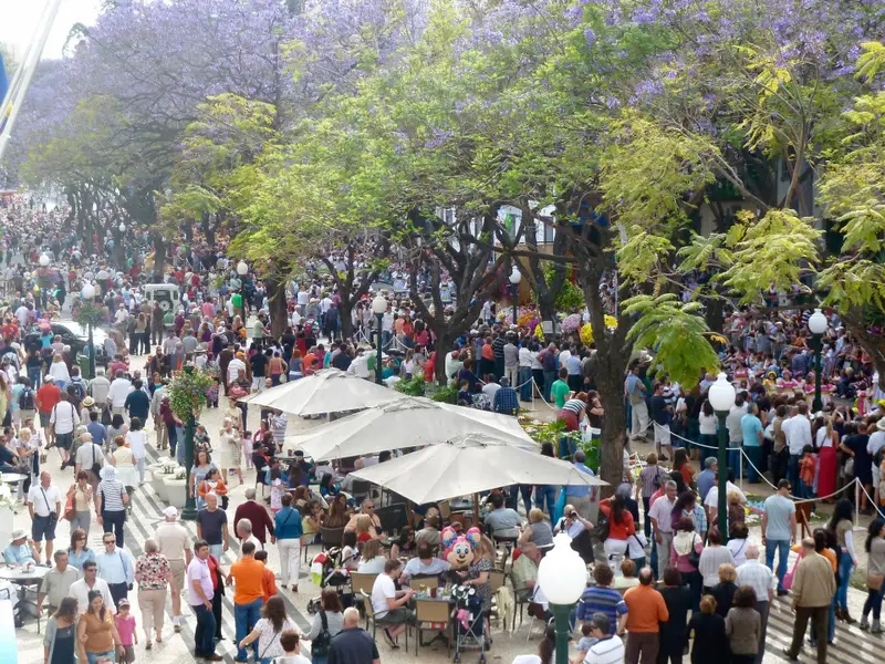 Packed Flower Festival street scene in Funchal with stalls and umbrellas.