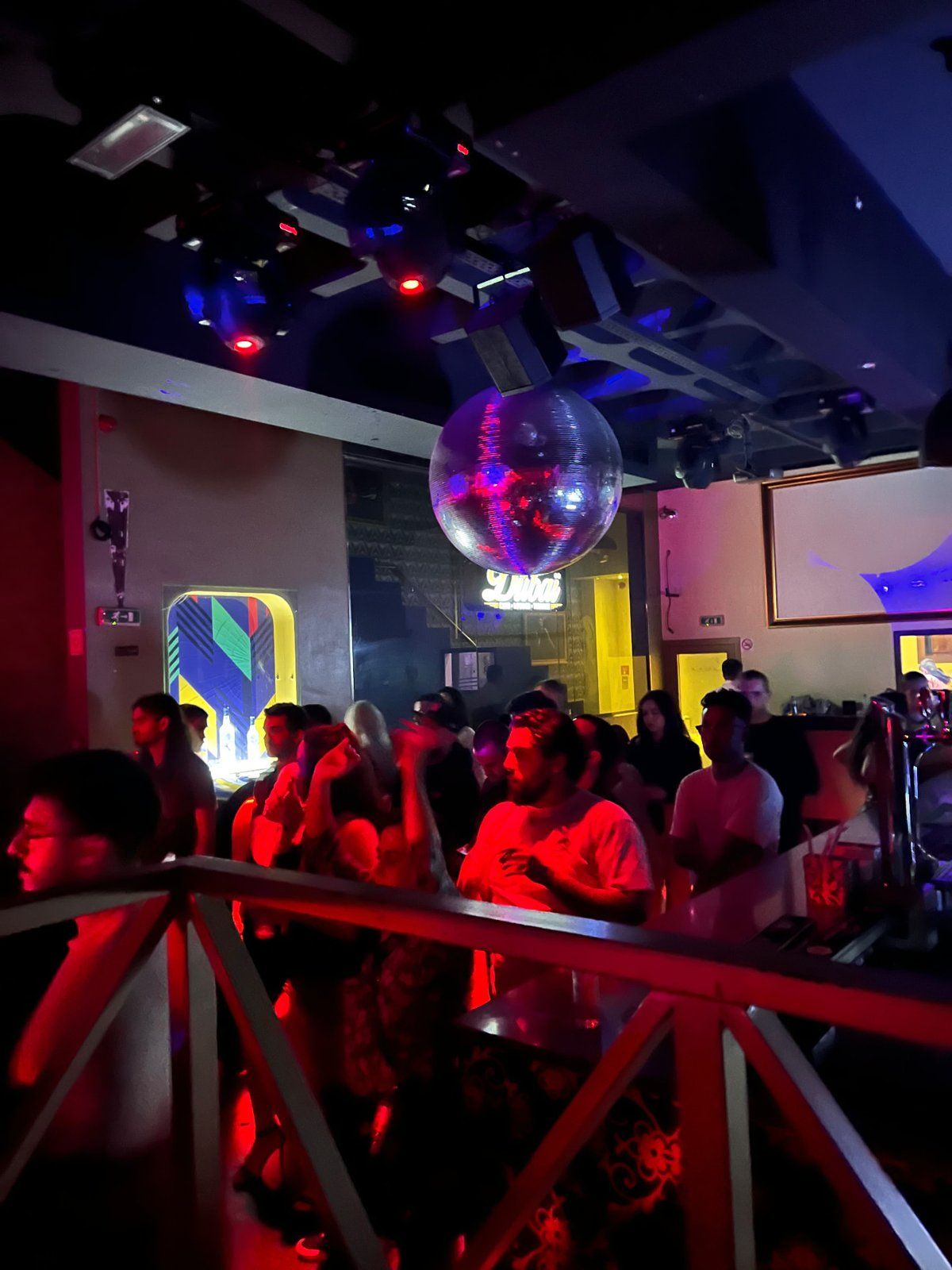 Mirror ball over the packed dancefloor at Dubai Club in Funchal, Madeira