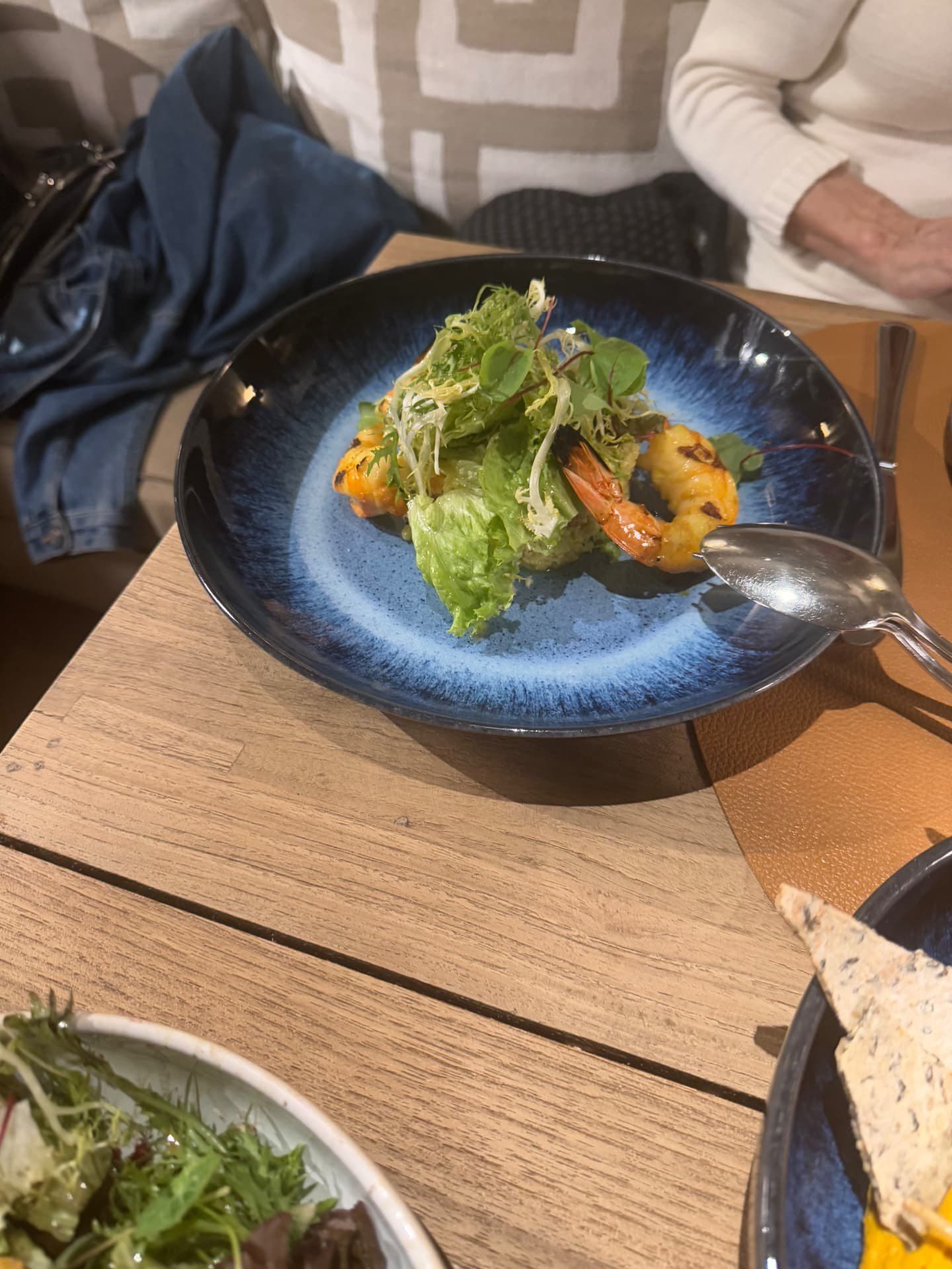 Grilled prawns with fresh garden salad at Horta restaurant on the Lido promenade in Funchal, Madeira