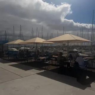 Diners under cream parasols on the Marisqueira na Marina deck, yachts behind