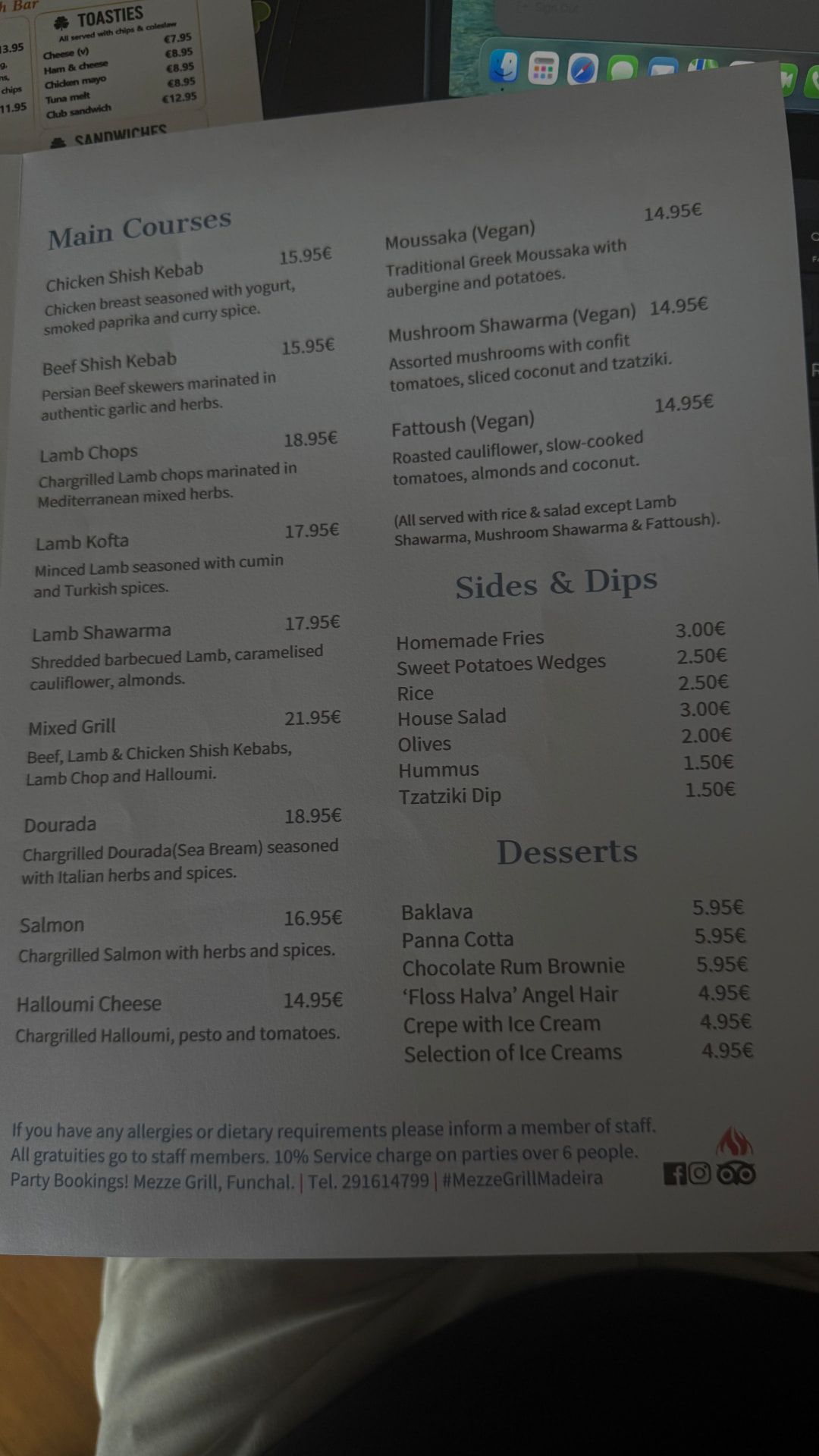 Mezze Grill Funchal menu, charcoal grill mains, vegan dishes, sides and desserts with prices