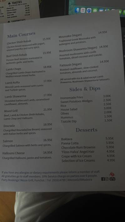 Mezze Grill Funchal menu — charcoal grill mains, vegan dishes, sides and desserts with prices