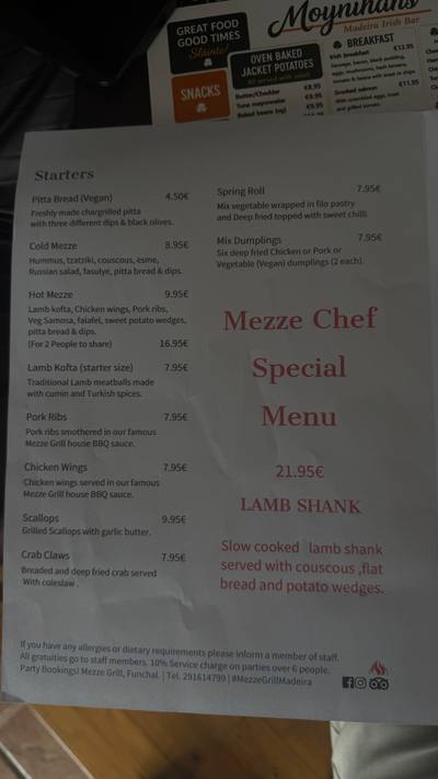 Mezze Grill Funchal menu — cold and hot mezze, starters and the €21.95 slow-cooked lamb shank special