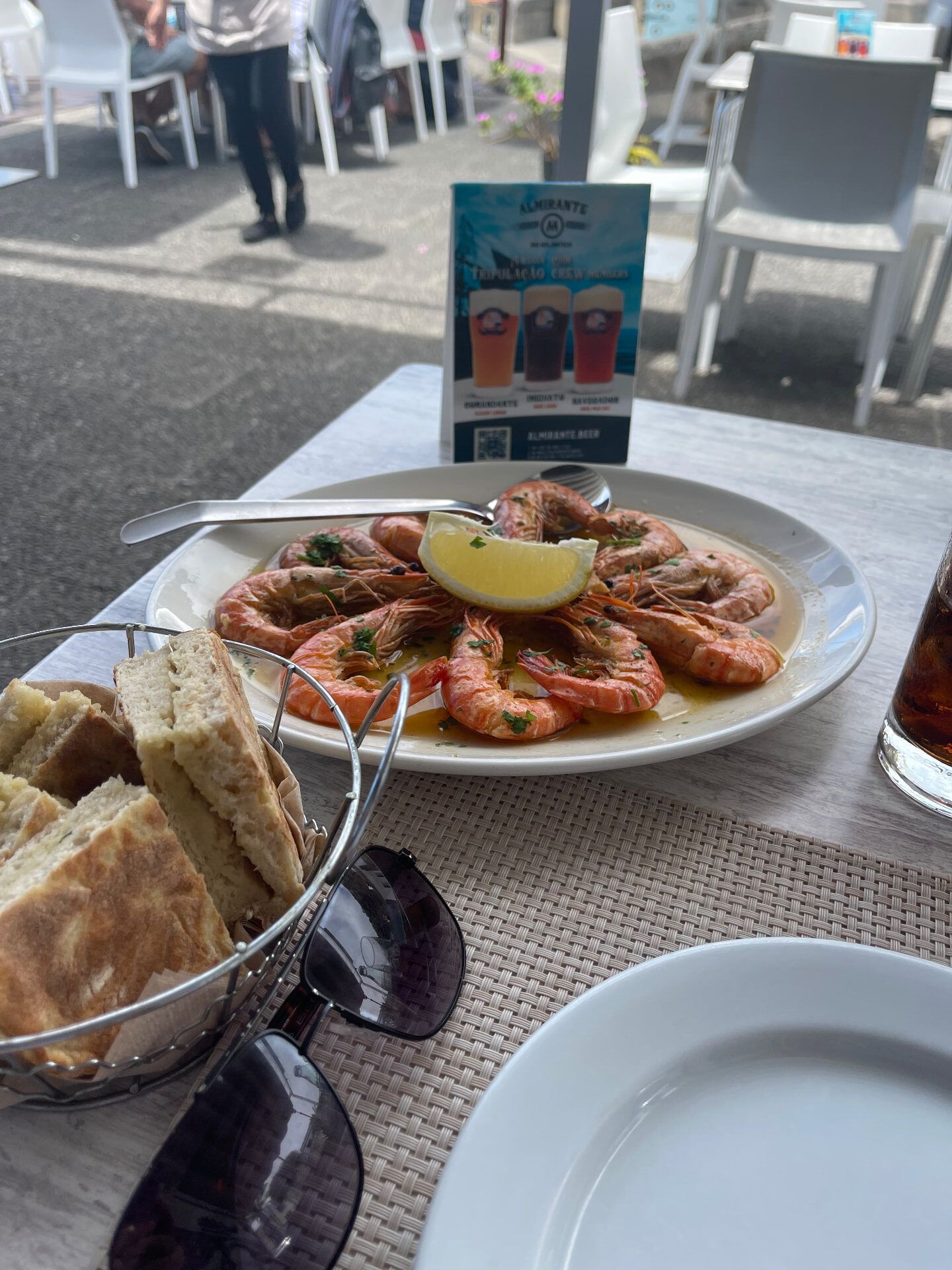 Garlic prawns with bolo do caco on the terrace at Sunspot Café, Ponta do Sol