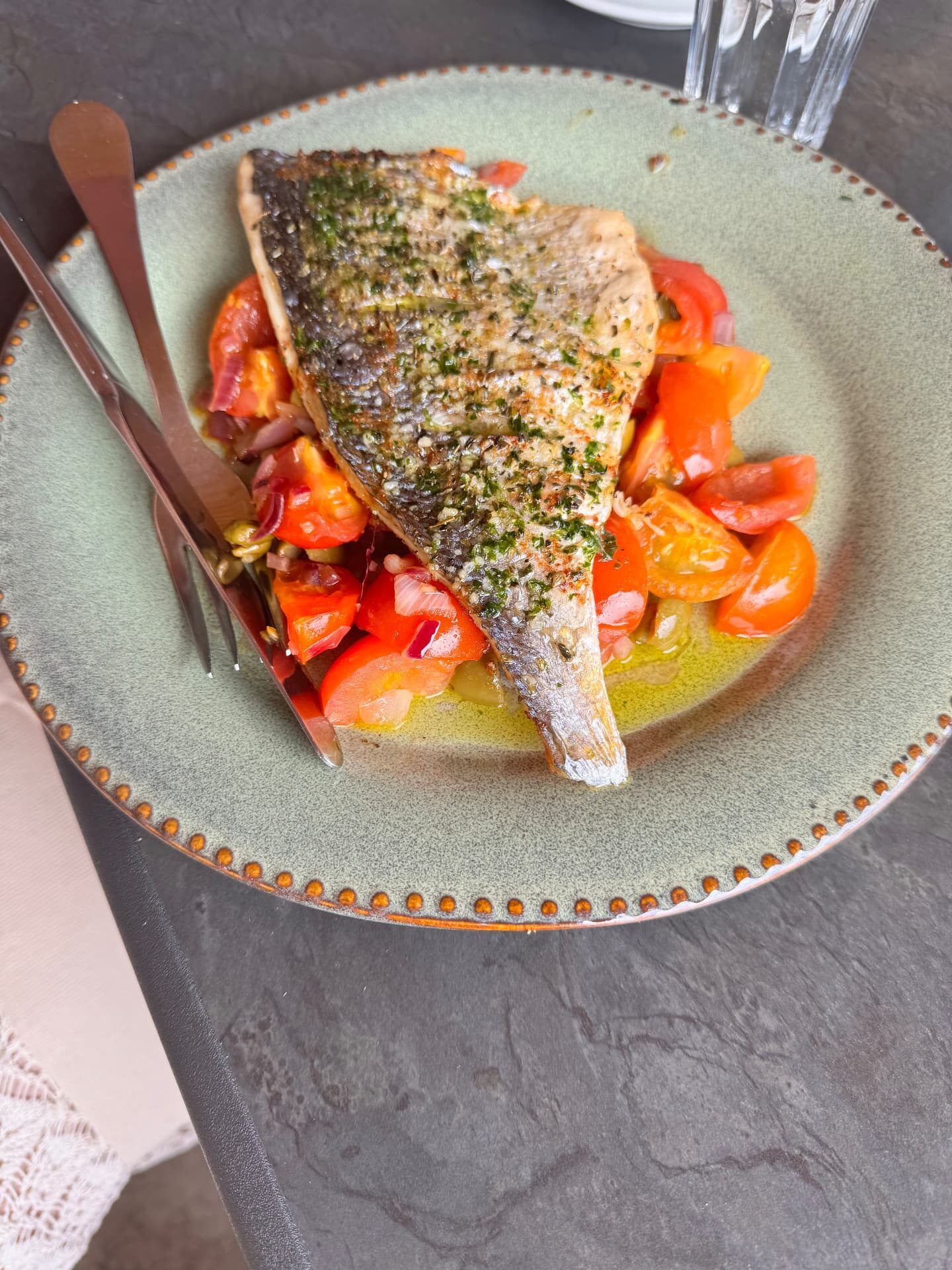 Grilled fish fillet with warm tomato, red onion and caper salsa at Sunspot Café, Ponta do Sol