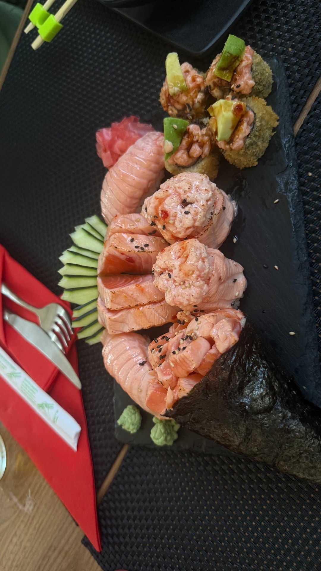 Salmon nigiri, spicy rolls and temaki sushi platter at Sushi Point in Canico de Baixo, Madeira