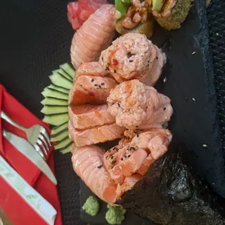 Salmon nigiri, spicy rolls and temaki sushi platter at Sushi Point in Canico de Baixo, Madeira