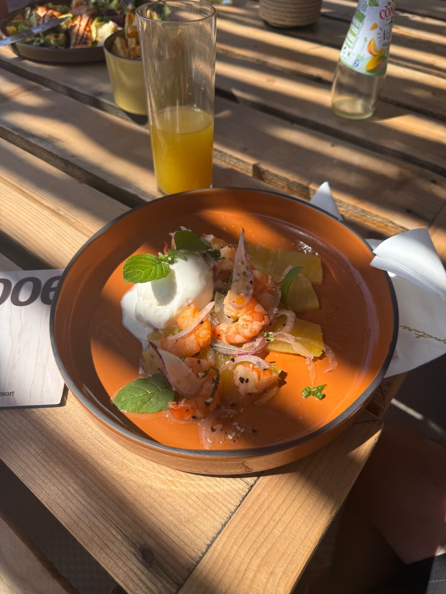 Shrimp gazpacho with burrata at Calhau Beach Club, Calheta, Madeira