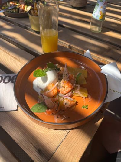 Shrimp gazpacho with burrata at Calhau Beach Club, Calheta, Madeira