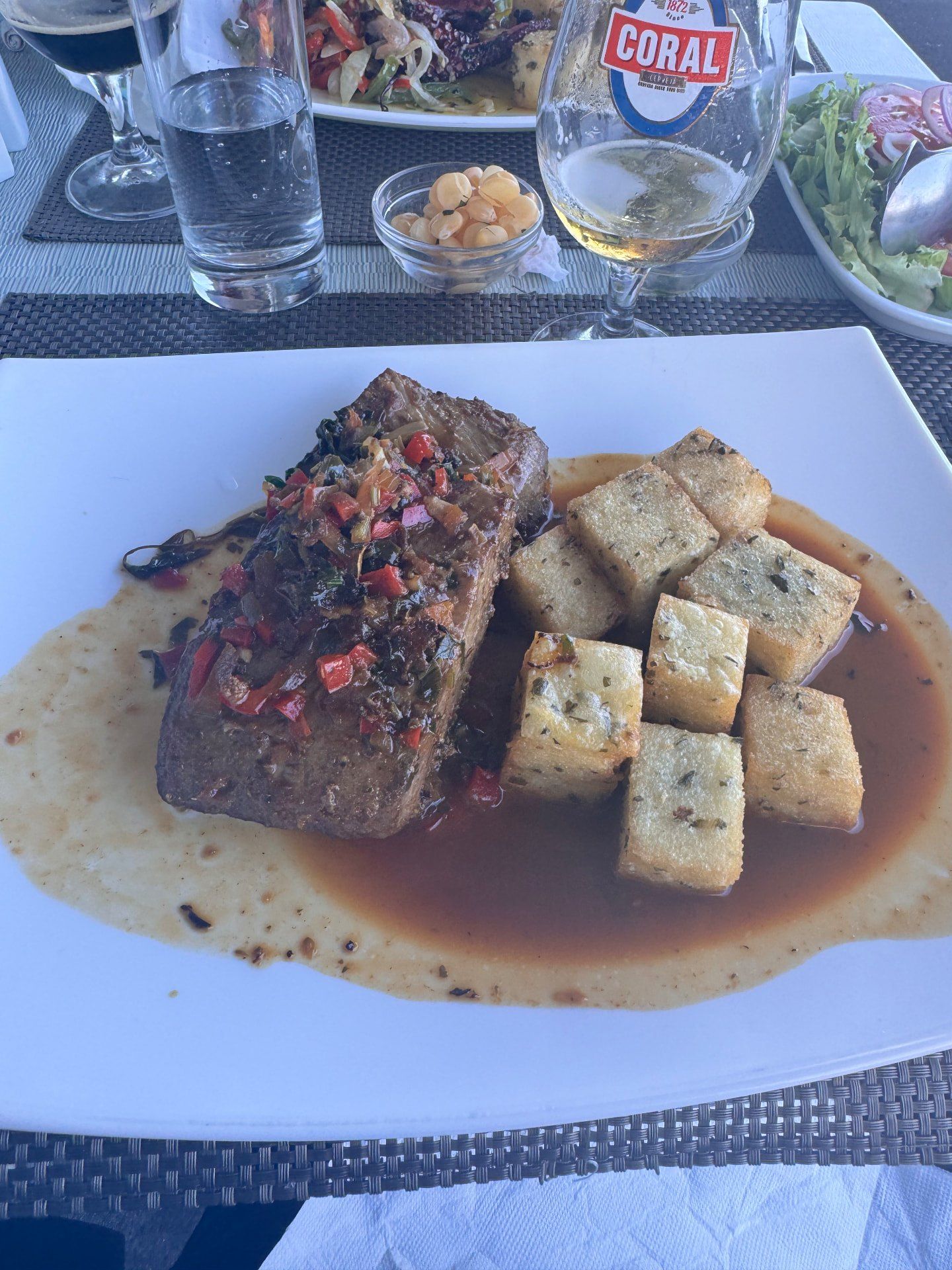 Beef with peppers and milho frito at Restaurante Praia dos Reis Magos, Caniço de Baixo, Madeira