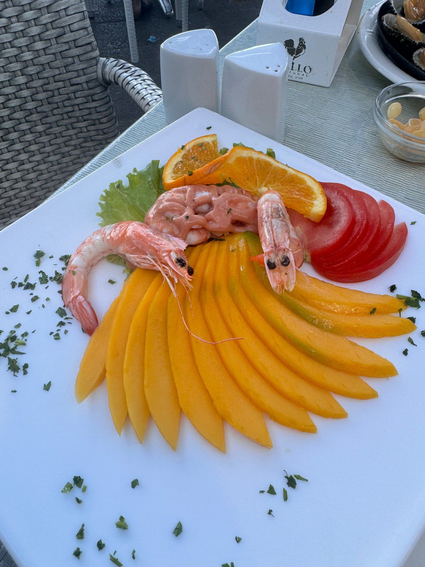 Prawn and mango salad with orange and tomato at Restaurante Praia dos Reis Magos, Caniço de Baixo, Madeira