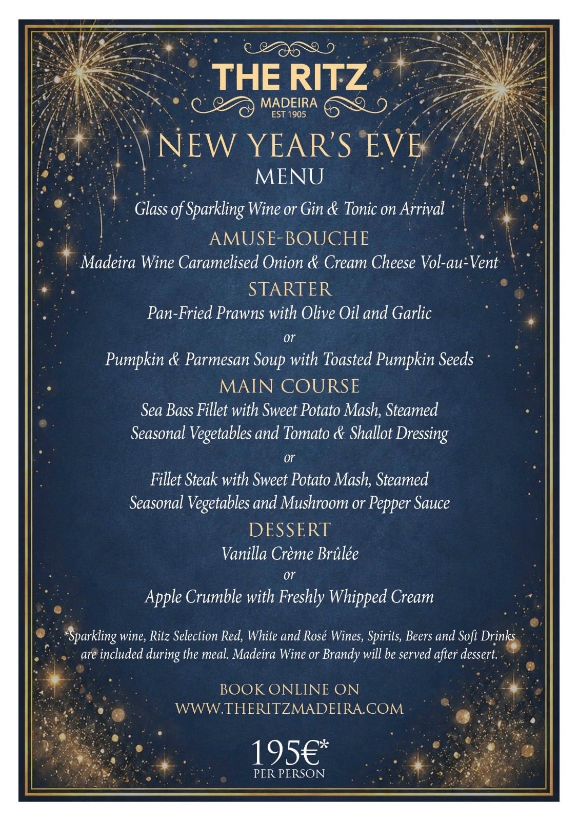 The Ritz Madeira New Year’s Eve menu with gold fireworks on a blue background