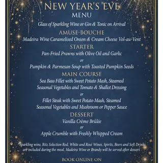 The Ritz Madeira New Year’s Eve menu with gold fireworks on a blue background