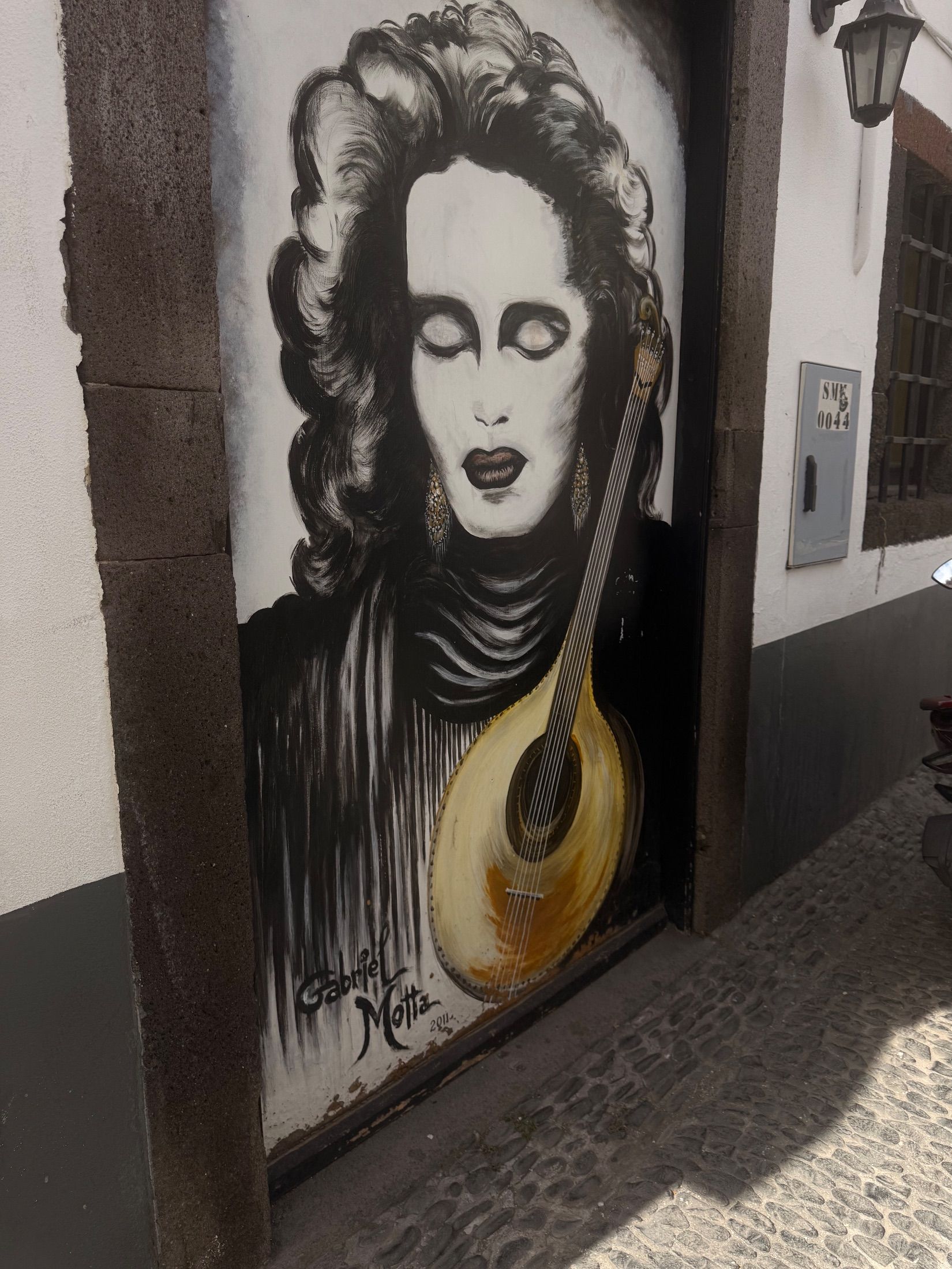 Painted door depicting a woman with closed eyes beside a Portuguese guitar