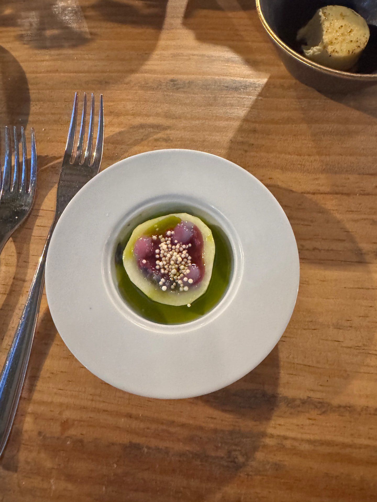 Beetroot starter with herb oil and puffed quinoa at Terra Food Concept in Funchal, Madeira