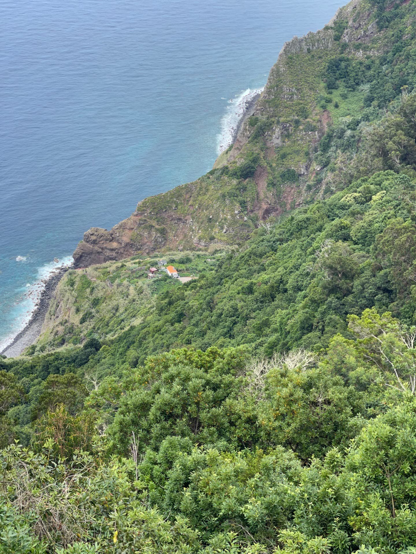 Steep green cliffs and pebble shore below Arco de Sao Jorge on Madeira's north coast