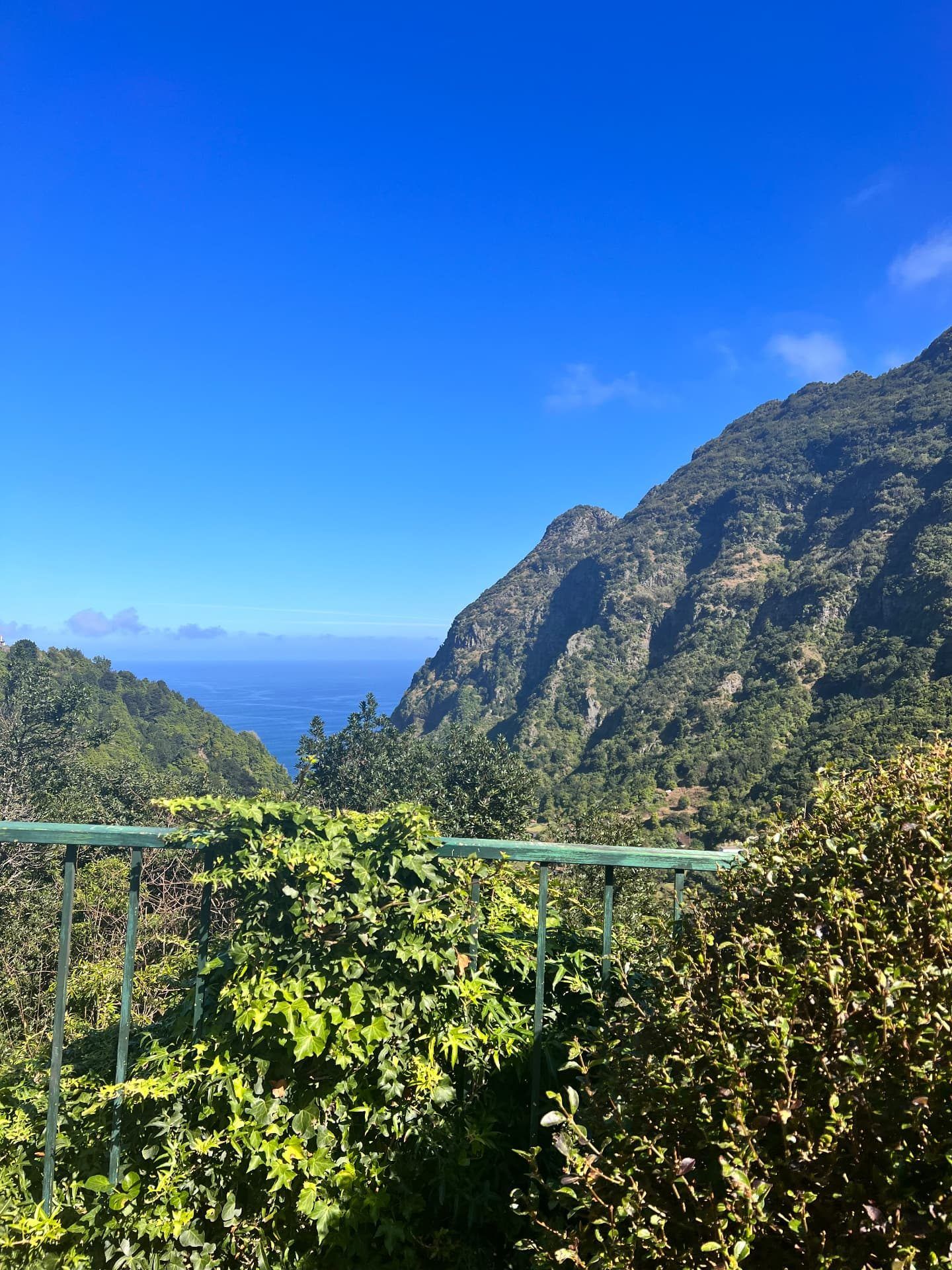 View from the Boaventura viewpoint over steep green mountains to the Atlantic