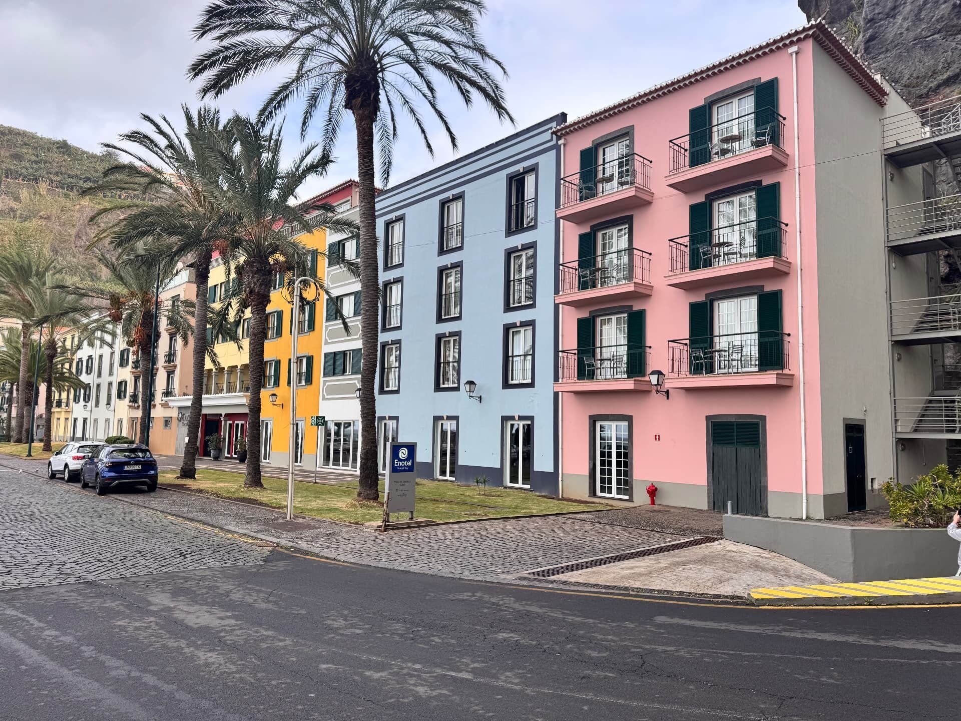 Pastel-coloured houses and palms along the Ponta do Sol seafront, Madeira