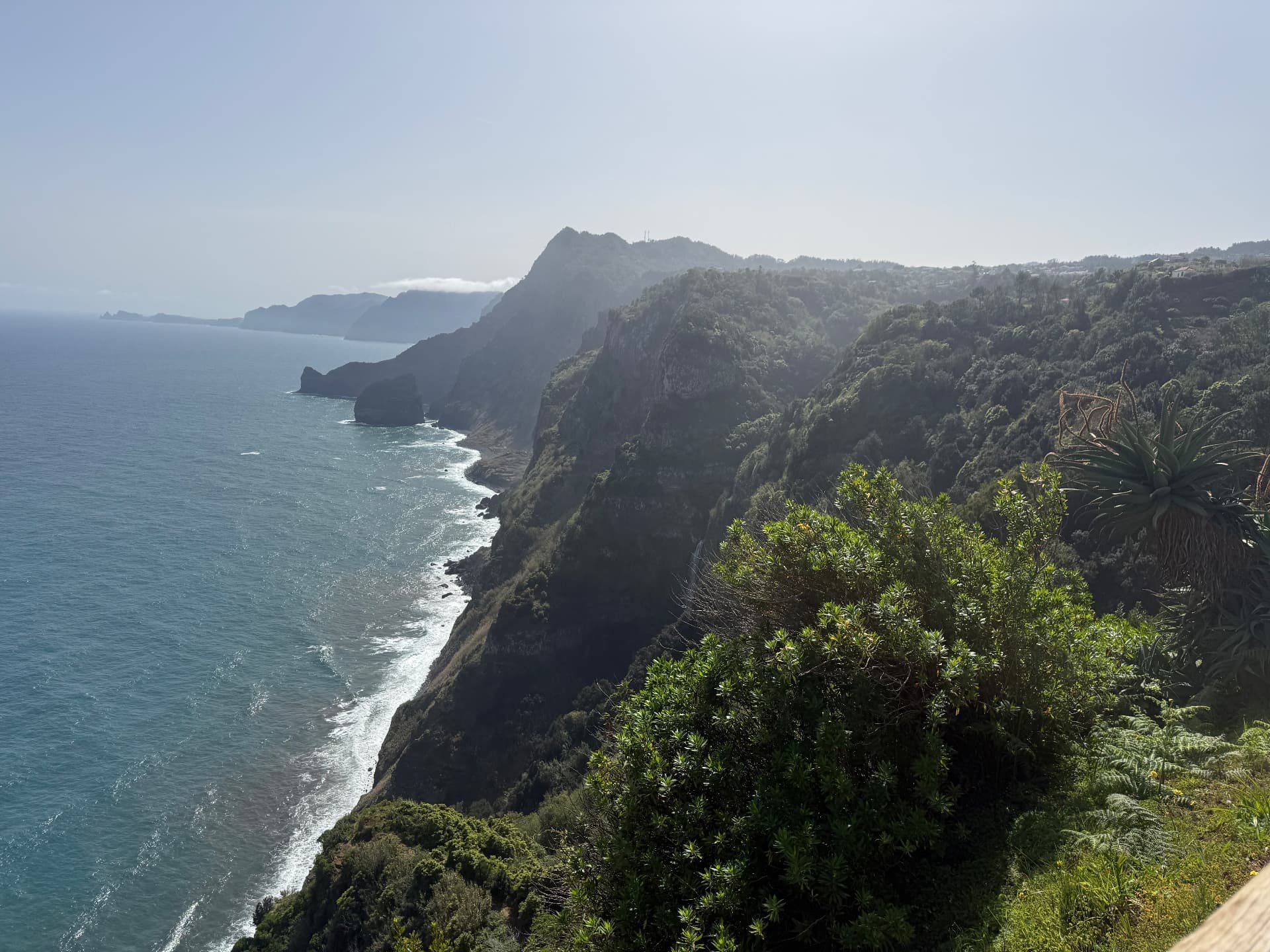 Vista sobre as falésias verdes e íngremes da costa norte da Madeira, perto de Santana
