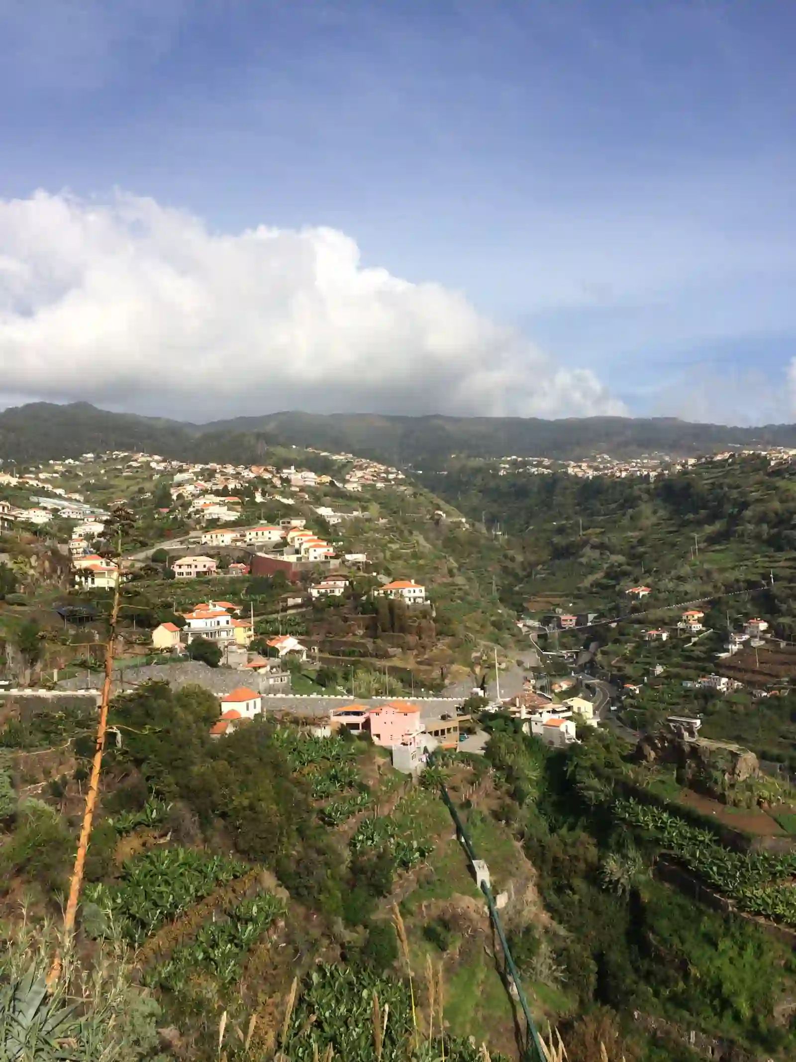 Terras agrícolas em socalcos e casas na encosta de Calheta