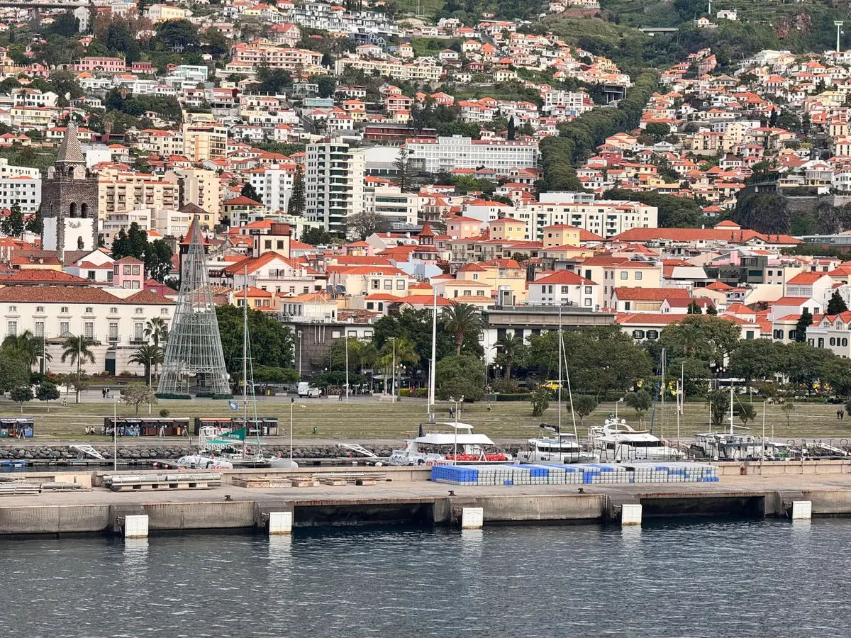 Funchal city centre and marina with the cathedral tower and cable-car terminal, Madeira