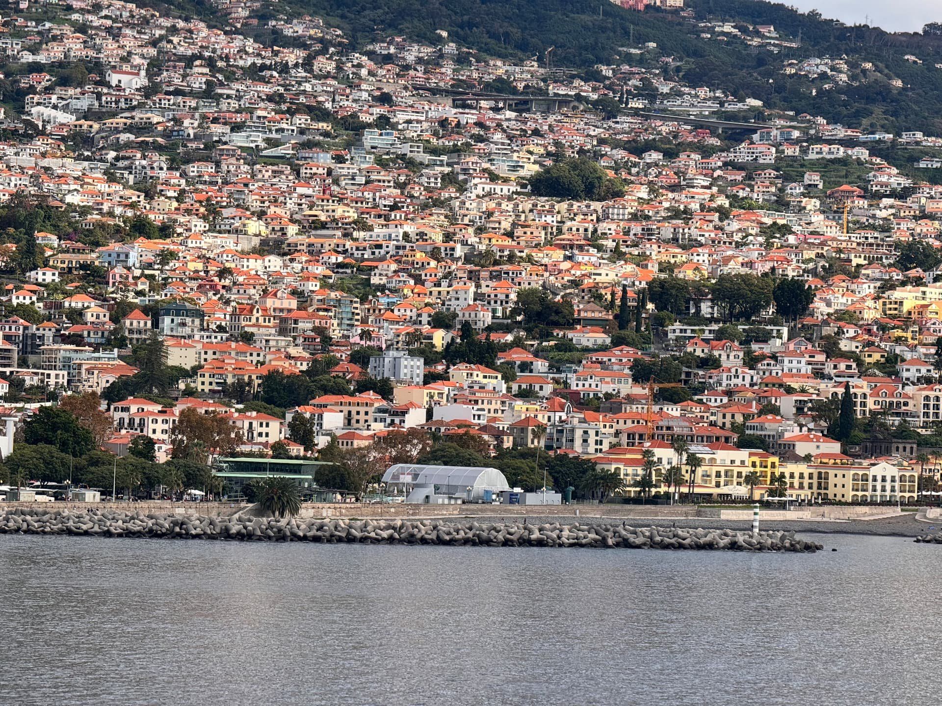 Terracotta rooftops and houses covering the steep hillsides above Funchal, Madeira