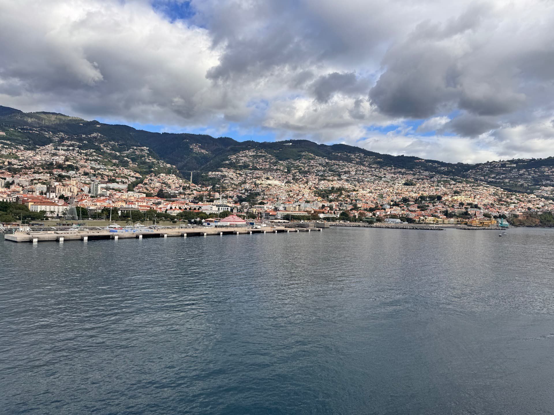 Panoramic view of Funchal and the mountains behind it, seen from the Atlantic, Madeira