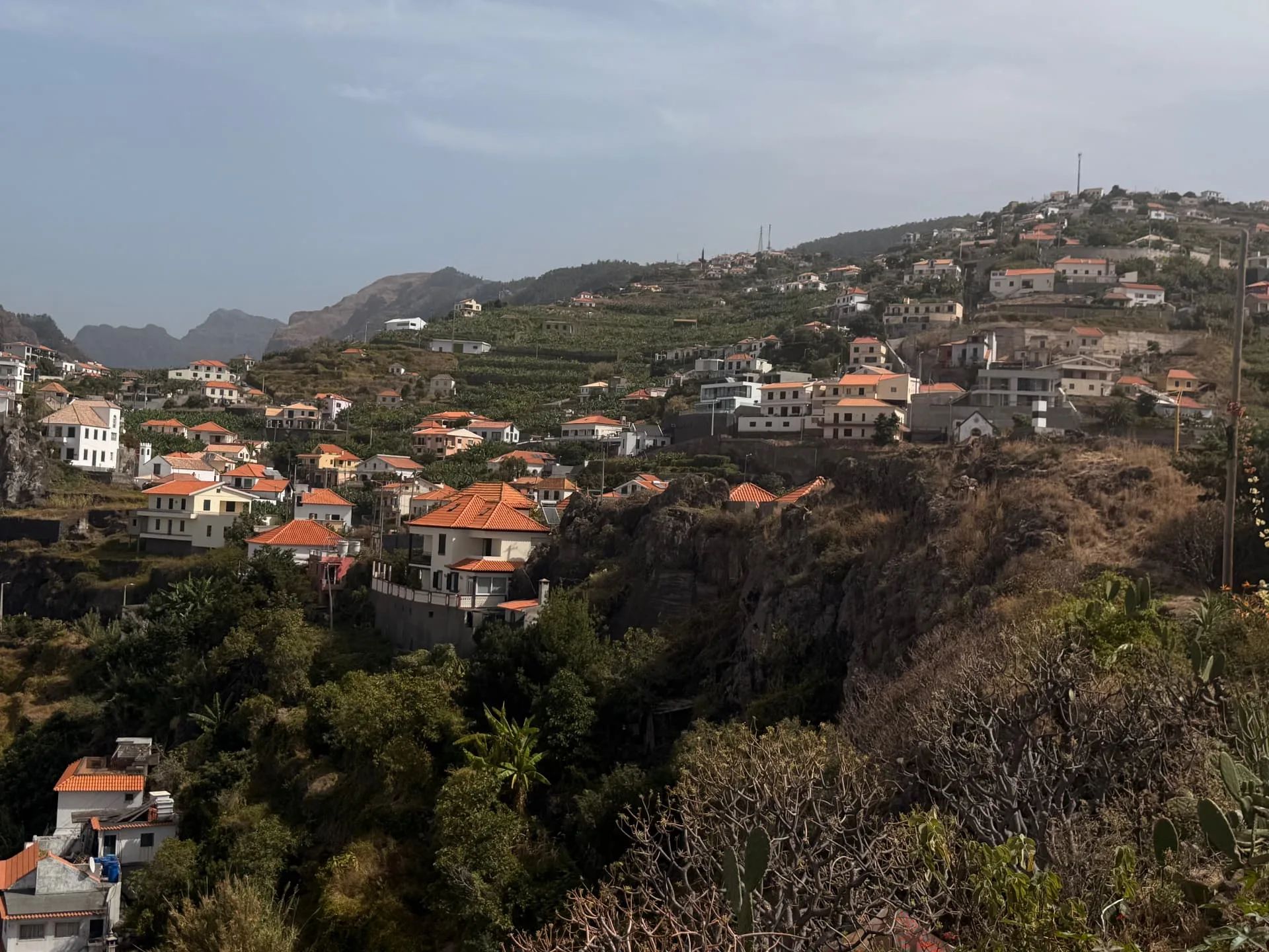 Casas com telhados alaranjados e terraços de bananeiras nas colinas em redor da Ribeira Brava, com os picos das montanhas ao fundo