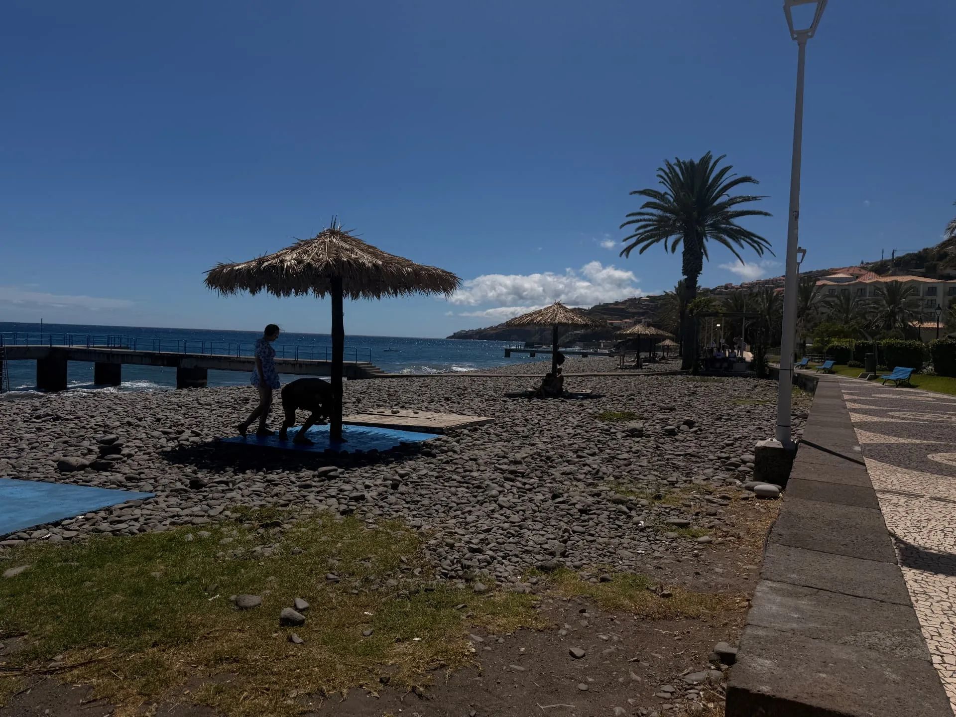 Guarda-sóis de colmo e cais na frente mar de Santa Cruz