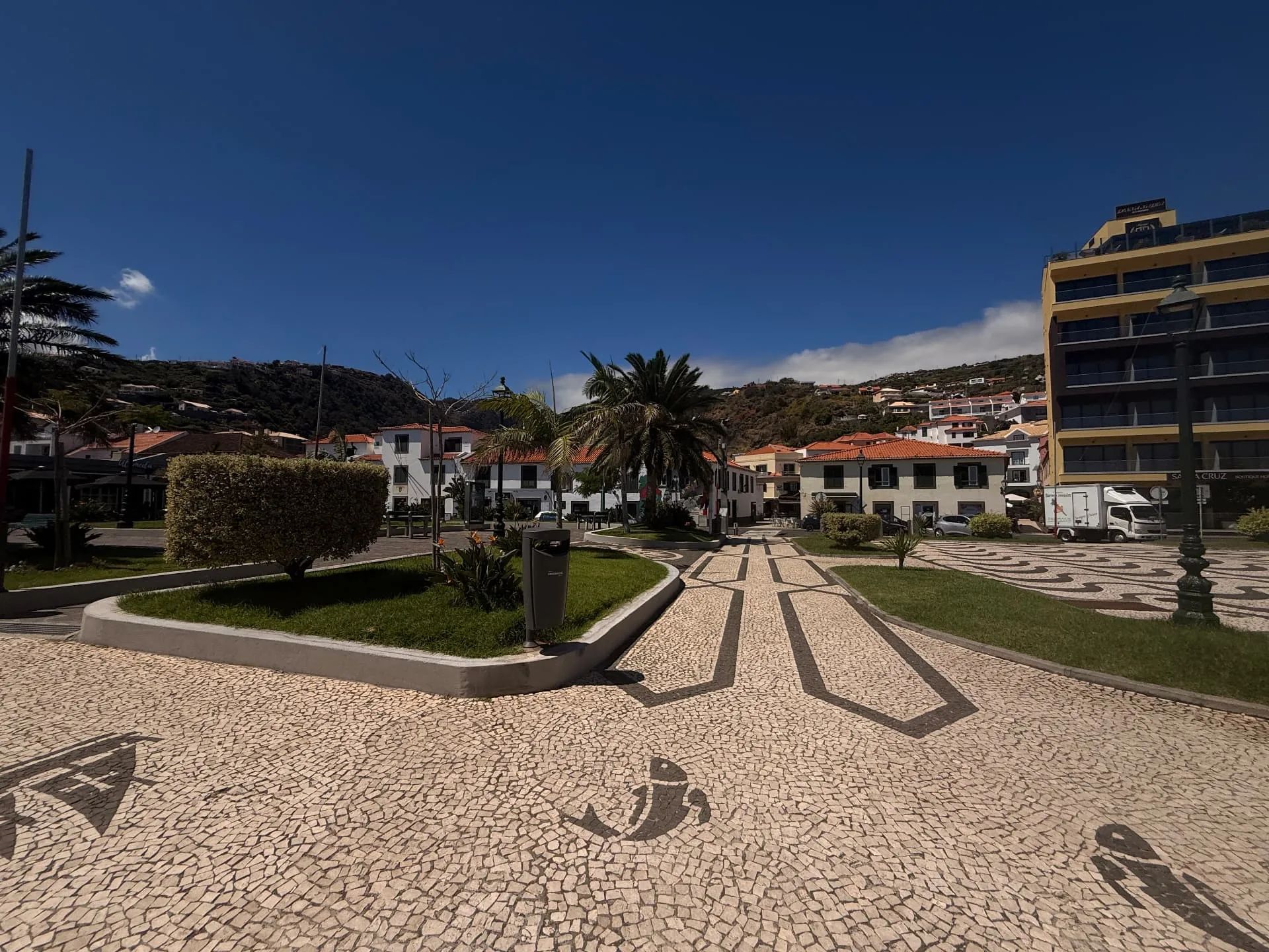 Santa Cruz town square with Portuguese mosaic pavement and palm trees