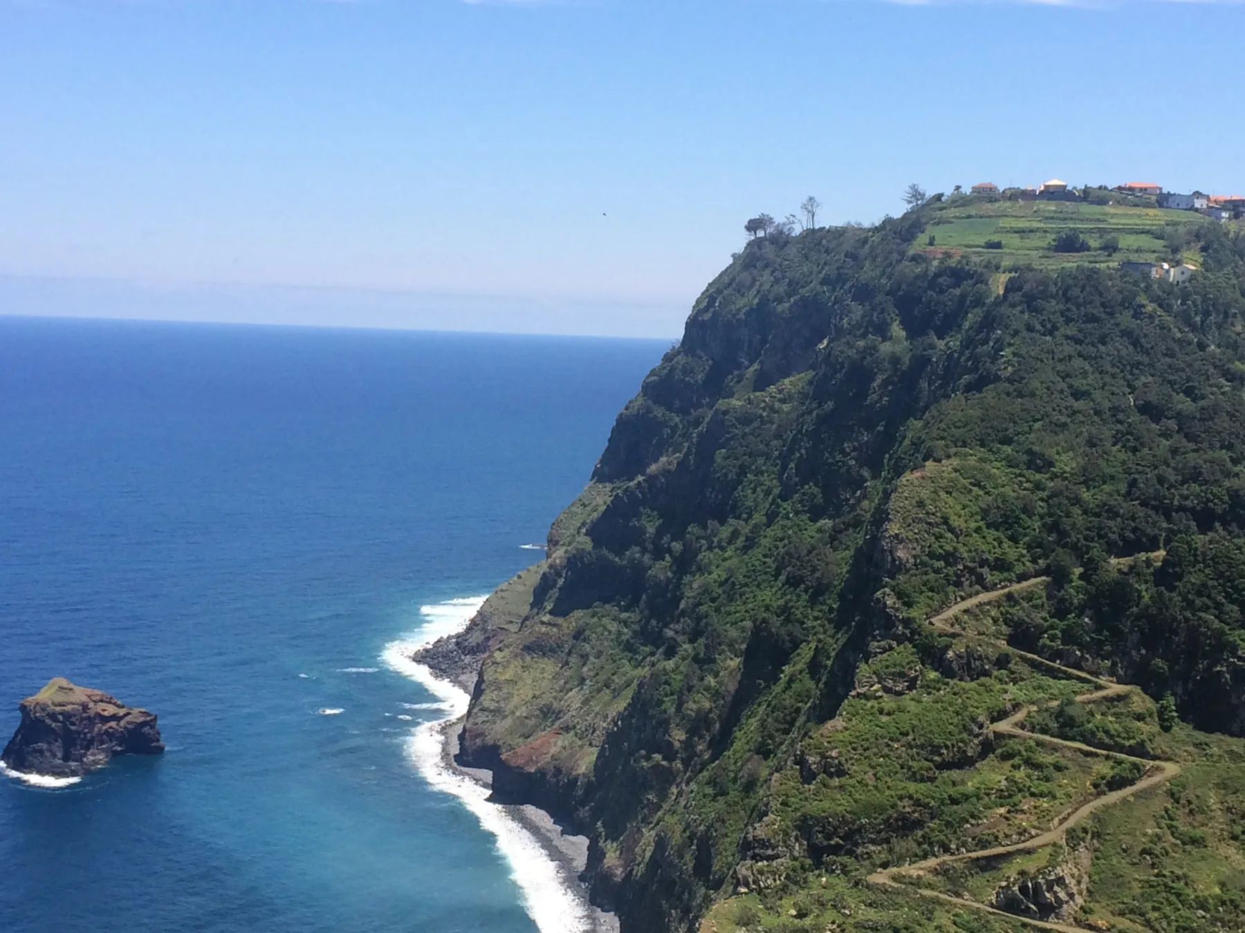 Sea stack and blue Atlantic off the cliffs at São Jorge, north coast of Madeira