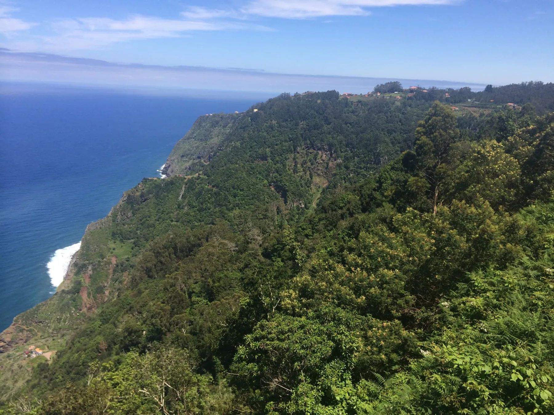 Forested sea cliffs and hilltop houses along the north coast from Miradouro das Cabanas